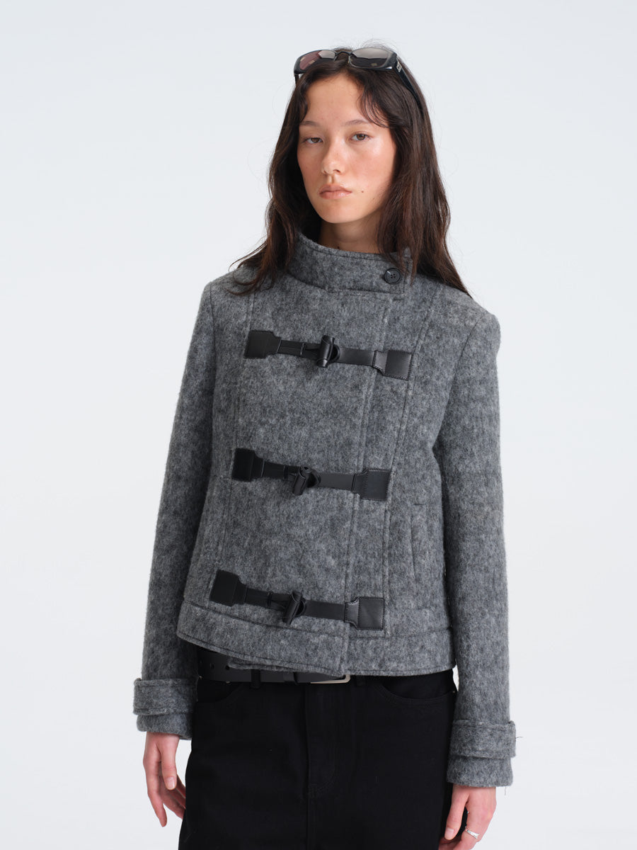 Hughum Gray Wool Coat with Leather Buttons