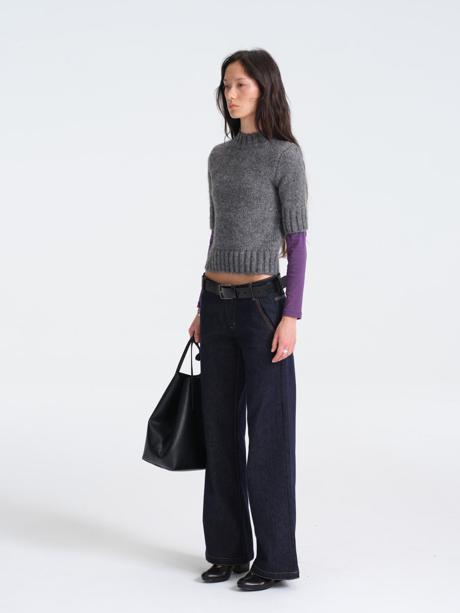 Hughum Gray Chunky Knit Mid-Sleeve Sweater
