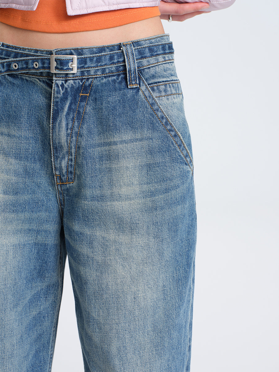 HUGHUM Washed Blue Jeans with Belt