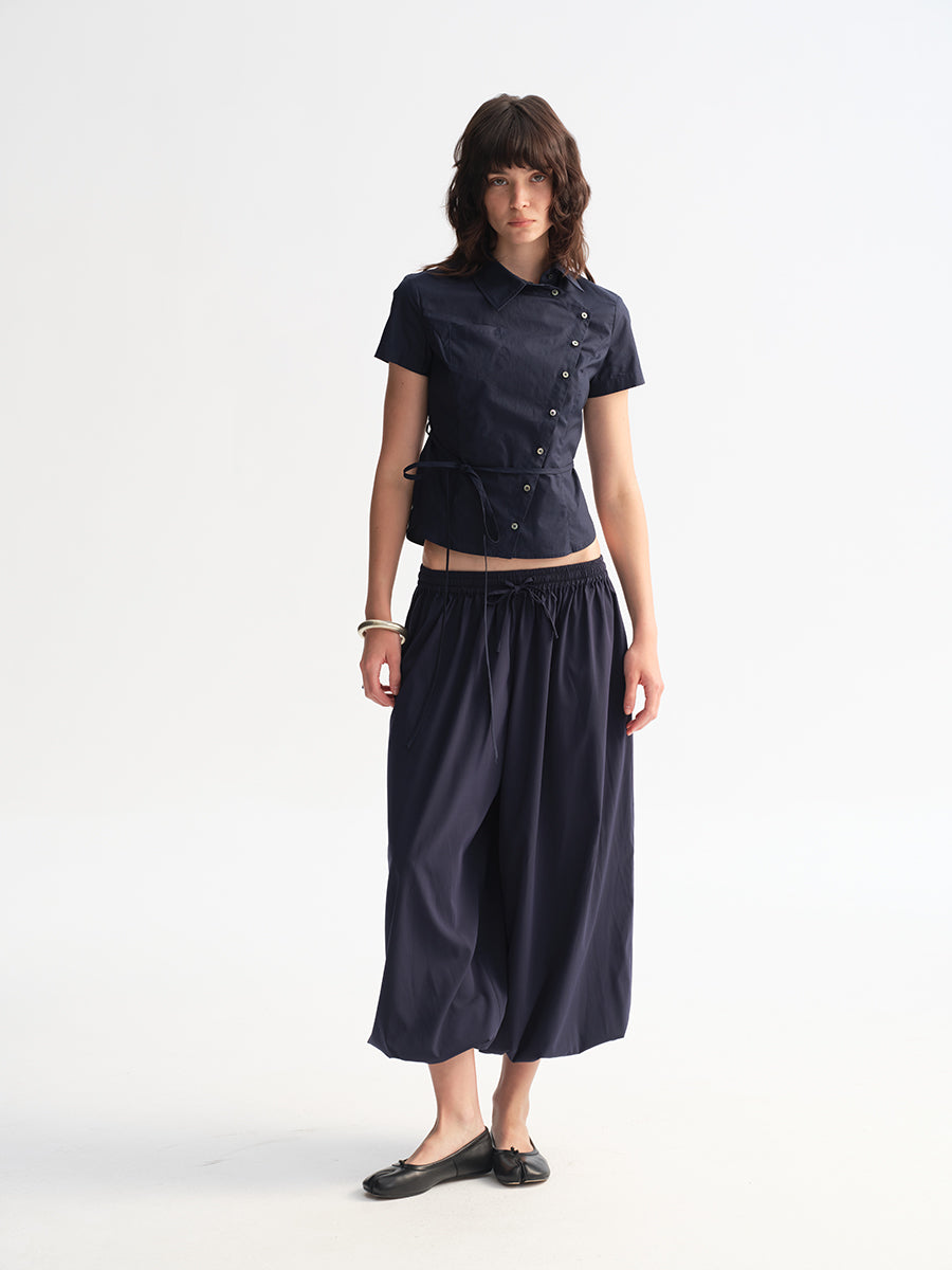 Hughum Navy Blue Cross-Front Shirt