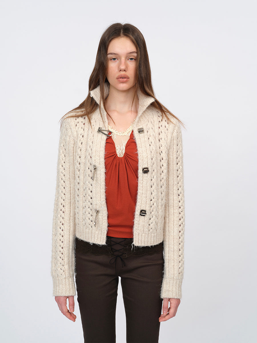 Dotyears Two-Tone Openwork Chunky Knit Cardigan with Wooden Buttons