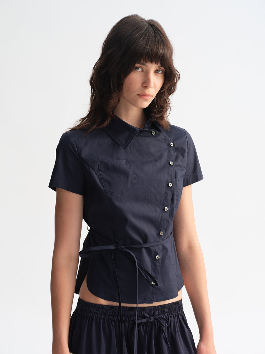 Hughum Navy Blue Cross-Front Shirt