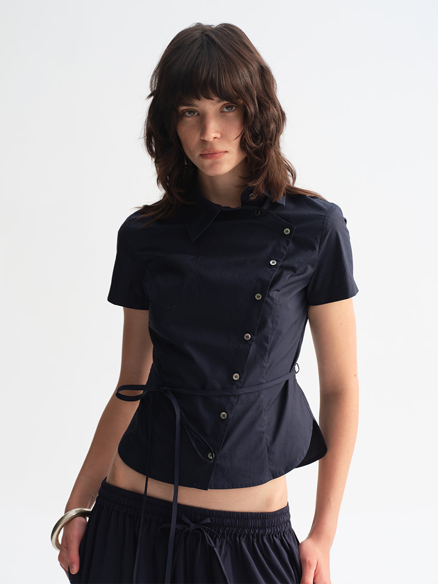 Hughum Navy Blue Cross-Front Shirt