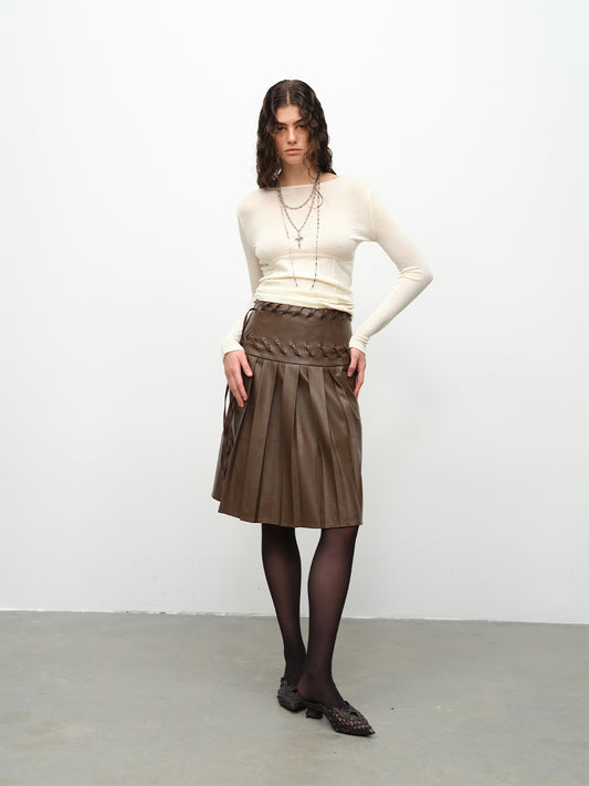 Dotyears24AW Heavy industry machine eye lace brown pleated leather skirt