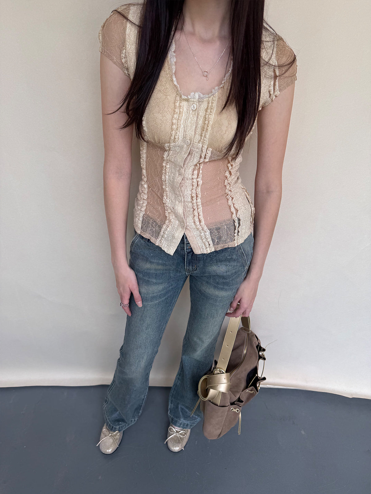 Dotyears U-neck lace patchwork top