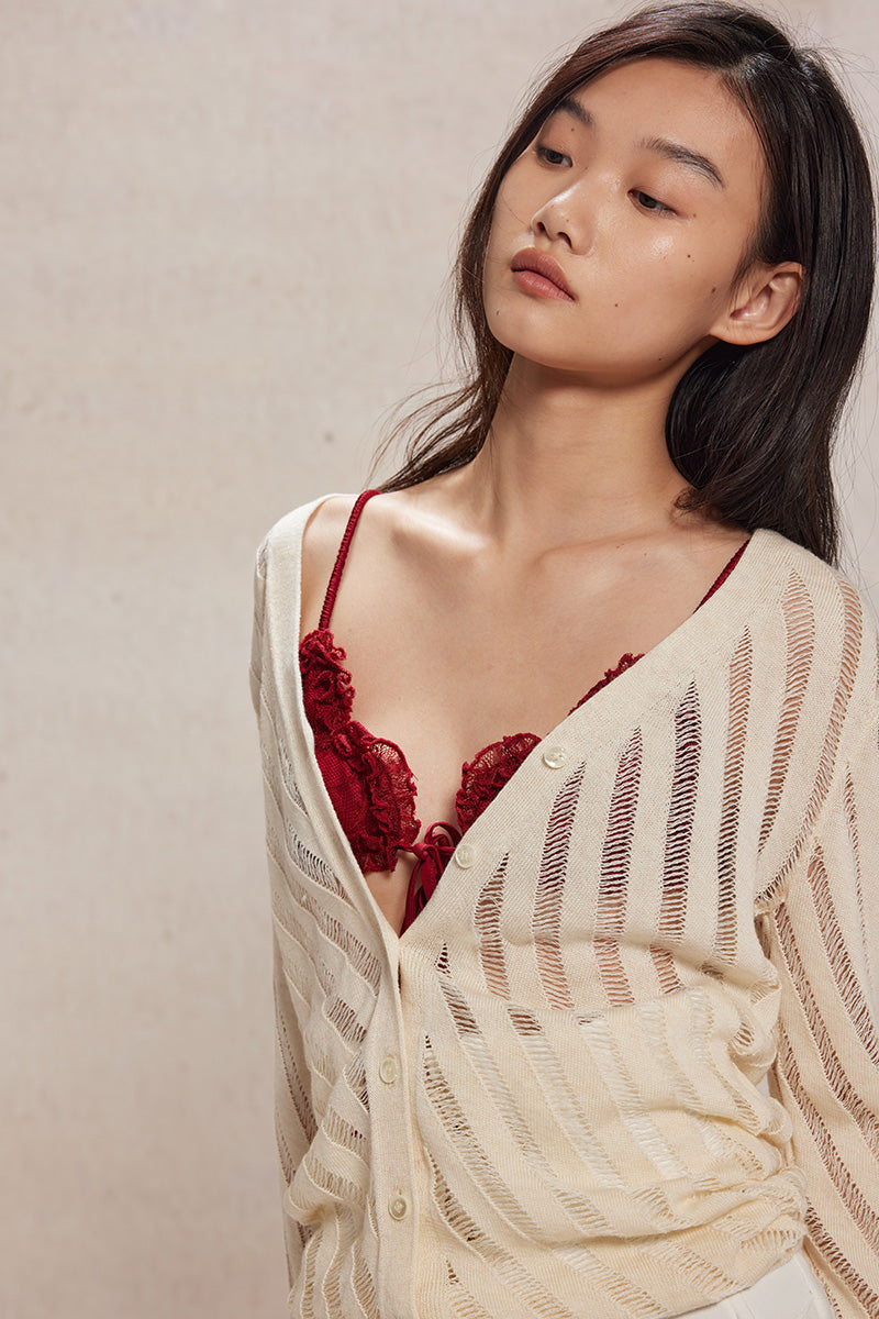 Dotyears24ss Cut-out thin silver thread knitted long-sleeved cardigan