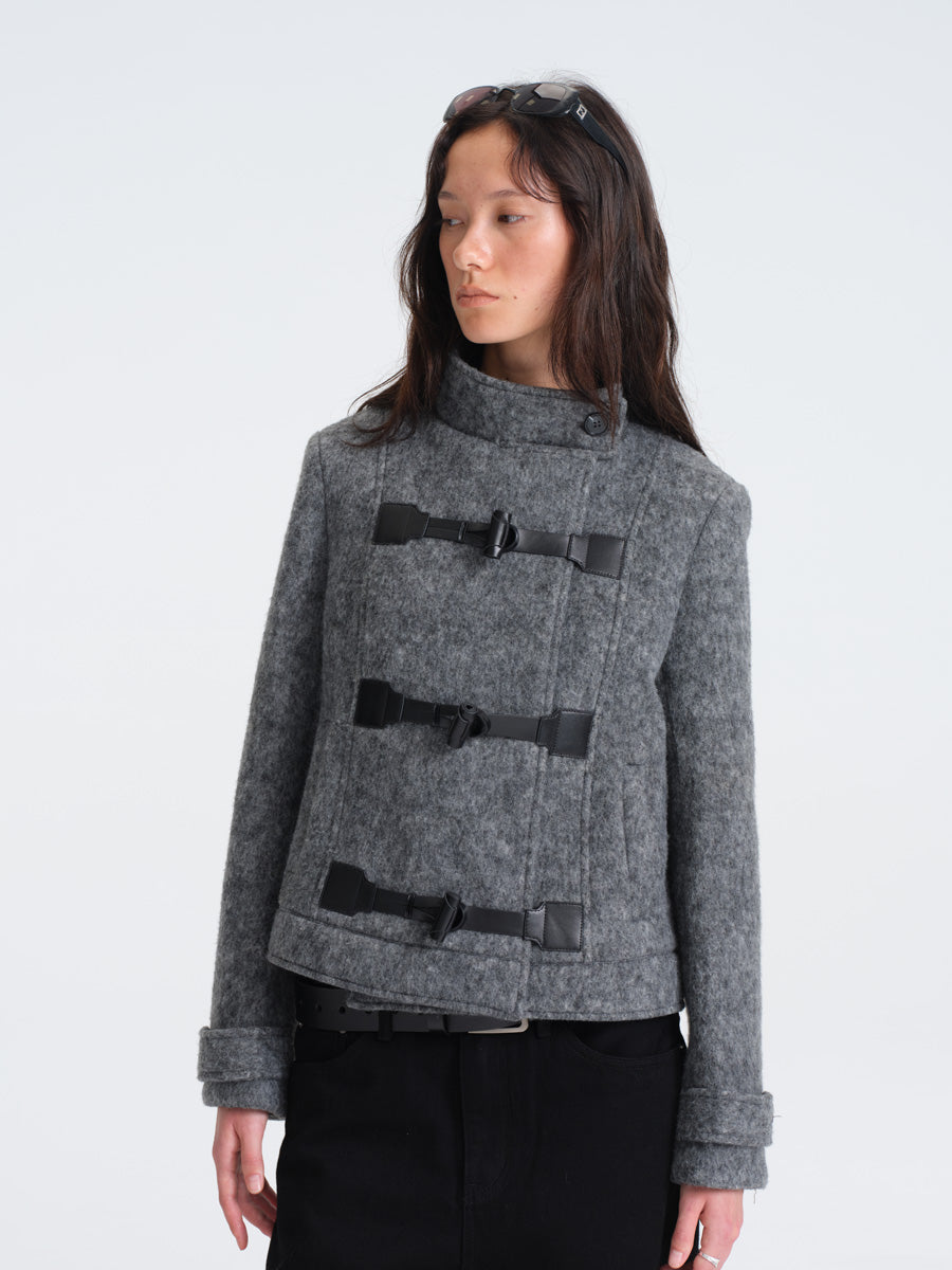 Hughum Gray Wool Coat with Leather Buttons