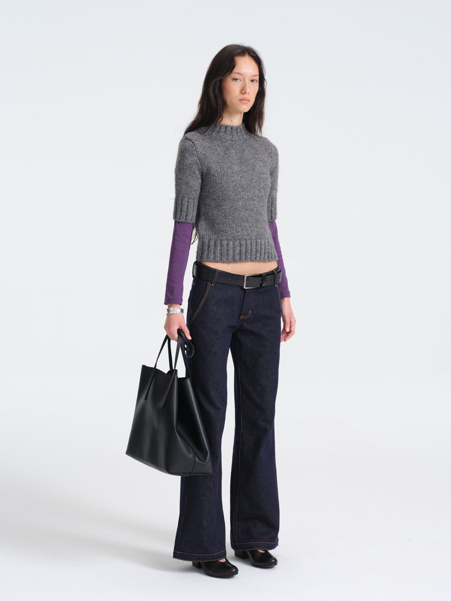 Hughum Gray Chunky Knit Mid-Sleeve Sweater