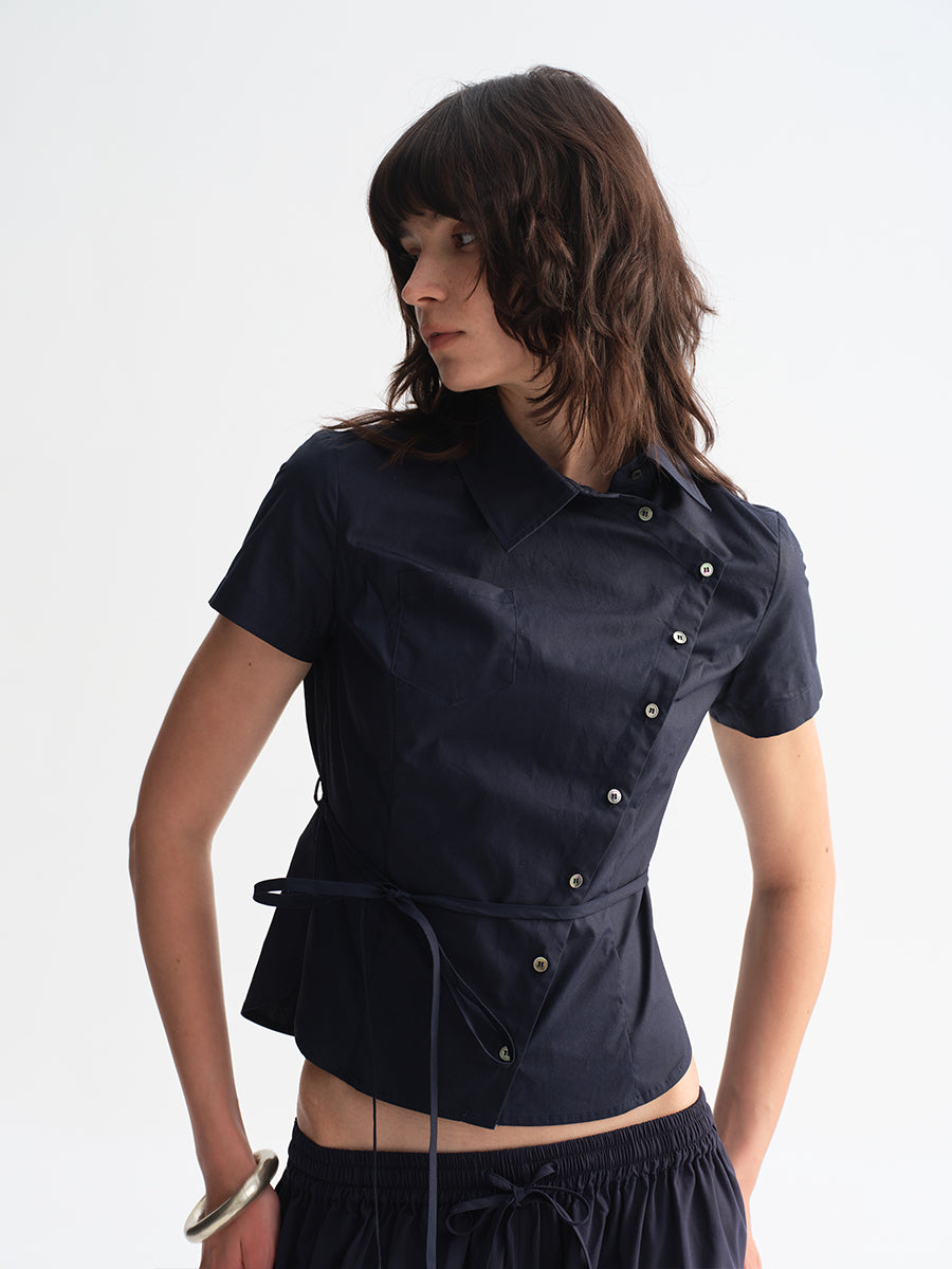 Hughum Navy Blue Cross-Front Shirt