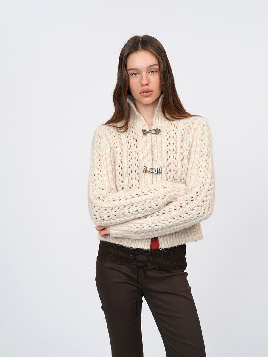 Dotyears Two-Tone Openwork Chunky Knit Cardigan with Wooden Buttons