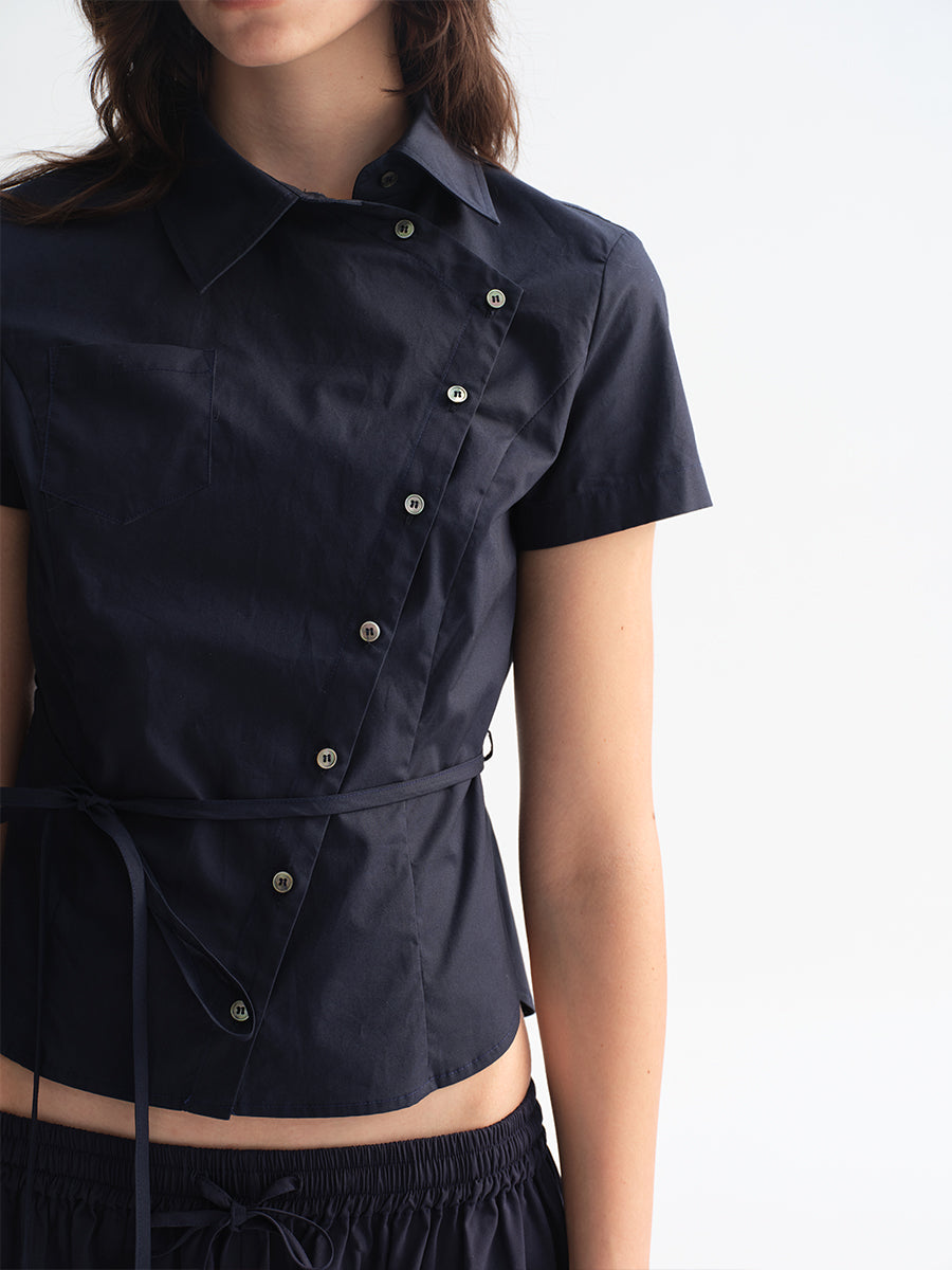 Hughum Navy Blue Cross-Front Shirt