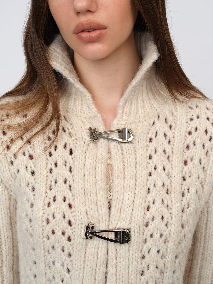 Dotyears Two-Tone Openwork Chunky Knit Cardigan with Wooden Buttons