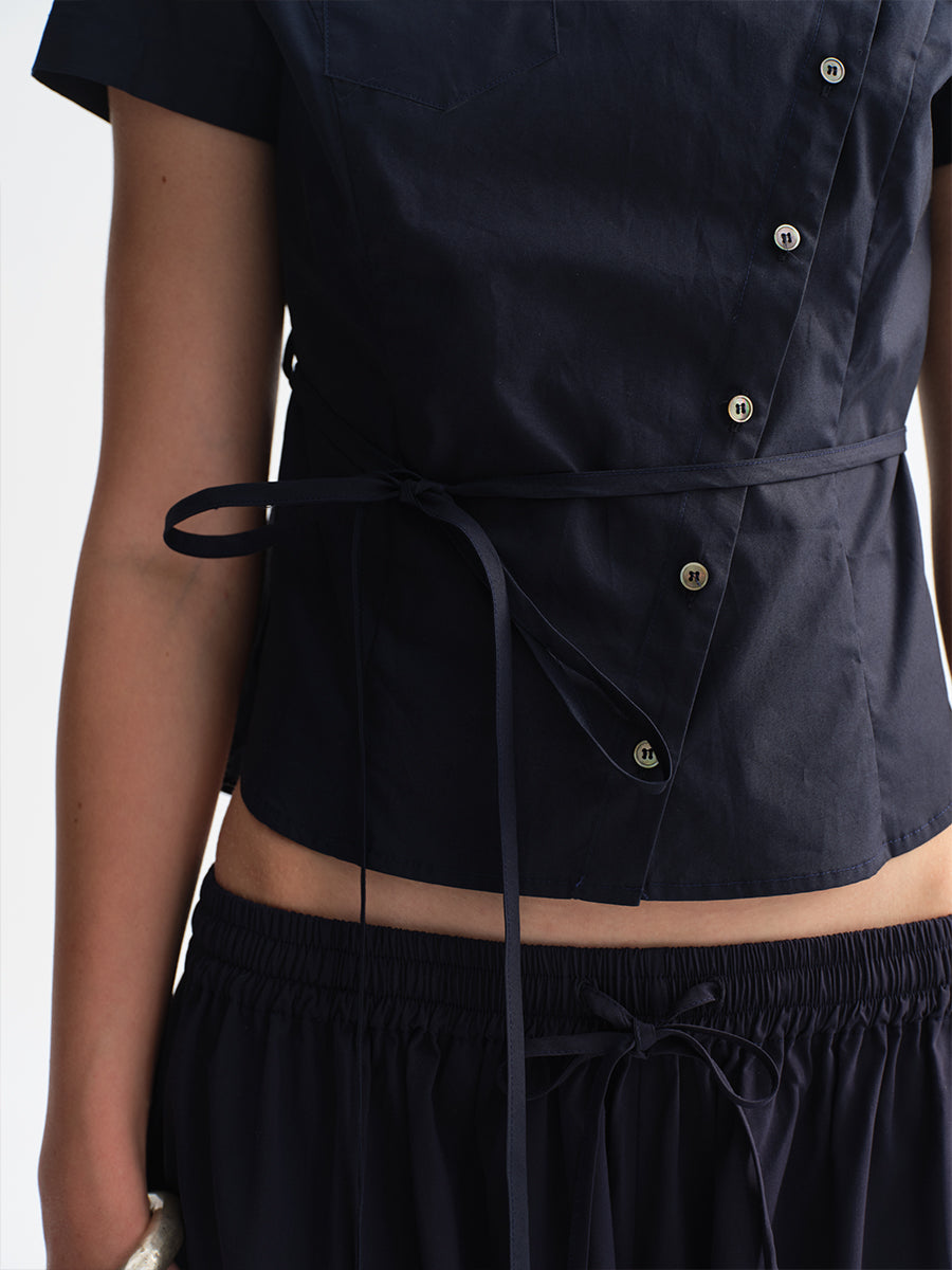Hughum Navy Blue Cross-Front Shirt