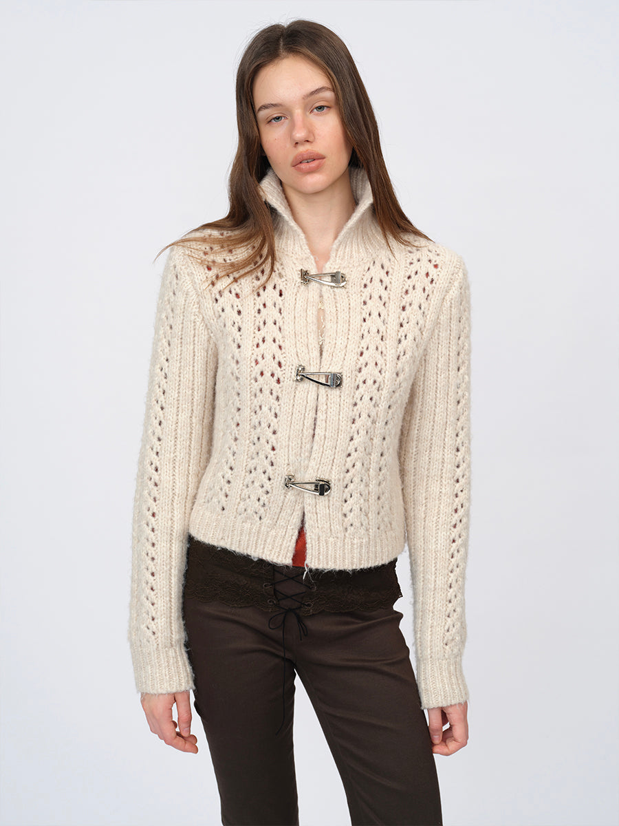 Dotyears Two-Tone Openwork Chunky Knit Cardigan with Wooden Buttons