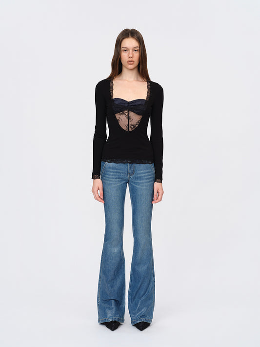 Dotyears Black Two-in-One Bustier Top with Lace Panels