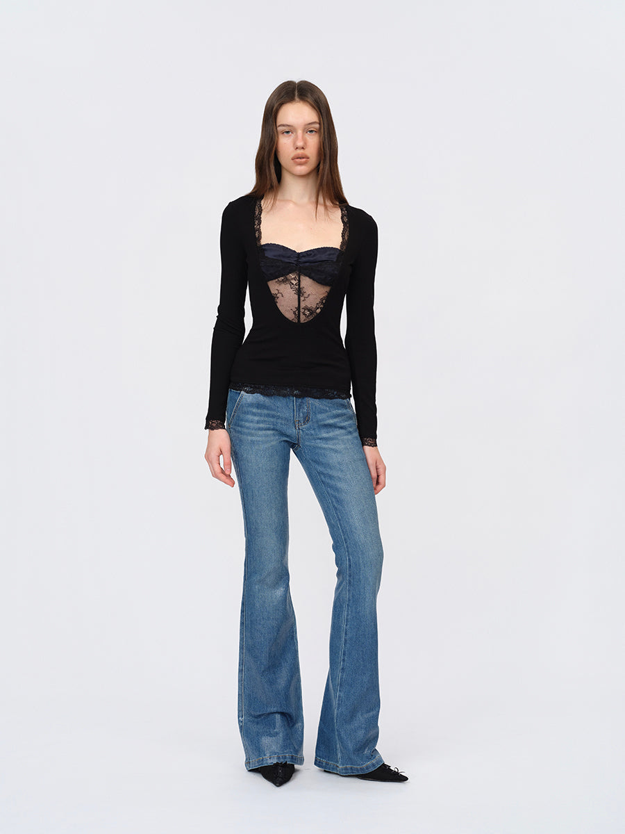 Dotyears Black Two-in-One Bustier Top with Lace Panels