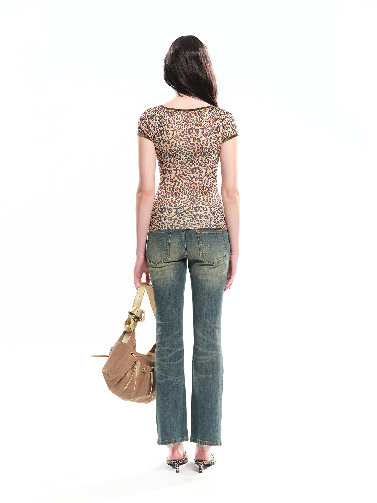 Dotyears Leopard Print Contrast Color Deep V-neck T-shirt (Two Colors)