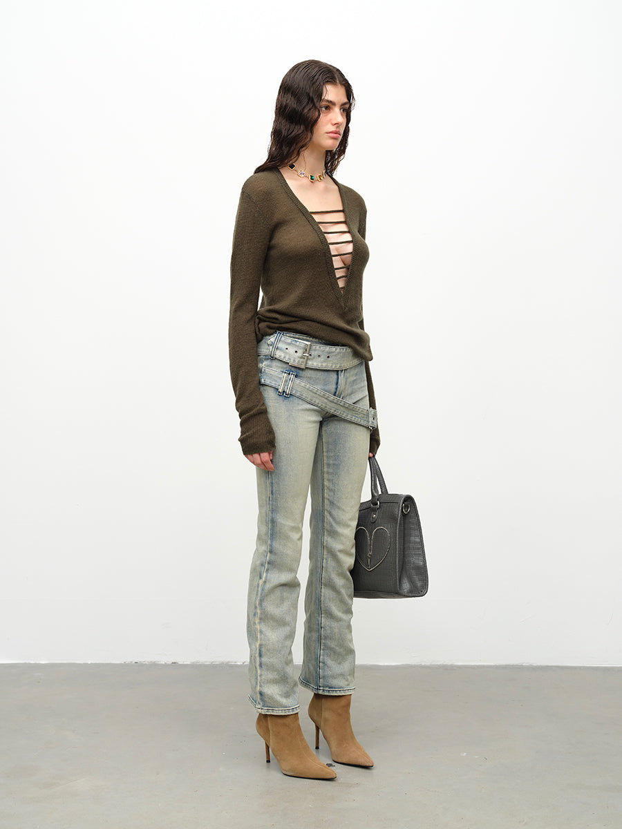 Dotyears24AW Wool hand-drawn knit pullover two-tone sweater