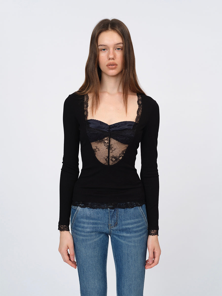 Dotyears Black Two-in-One Bustier Top with Lace Panels