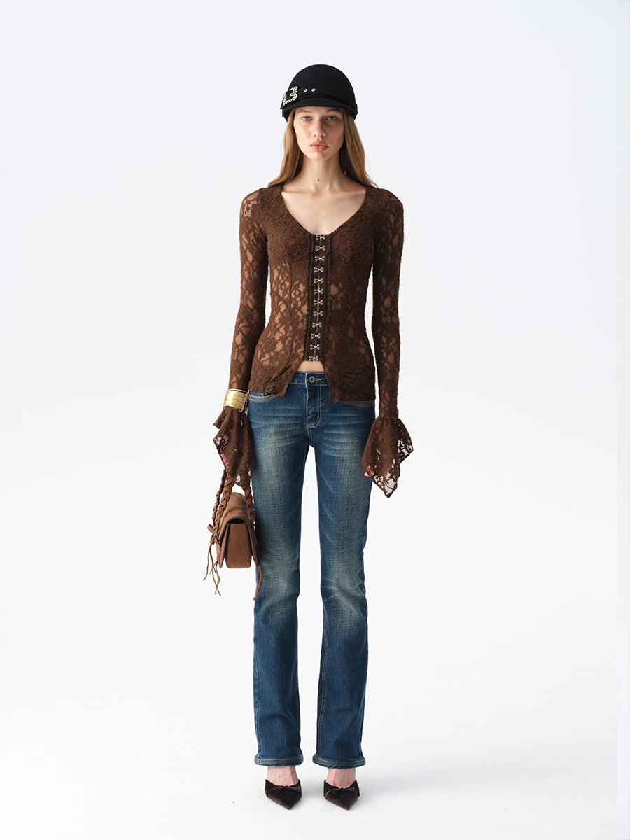 Dotyears Brown Lace-Up Bell Sleeve Cardigan
