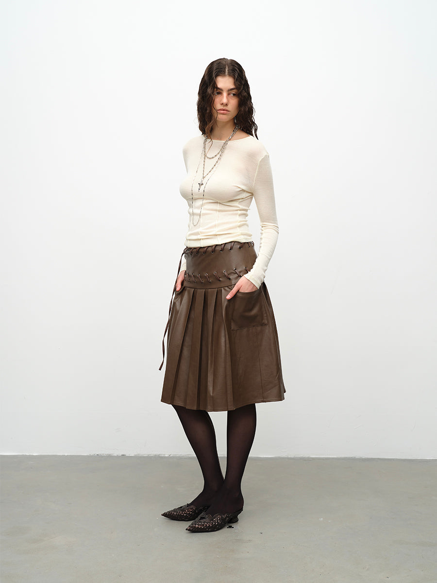 Dotyears24AW Heavy industry machine eye lace brown pleated leather skirt