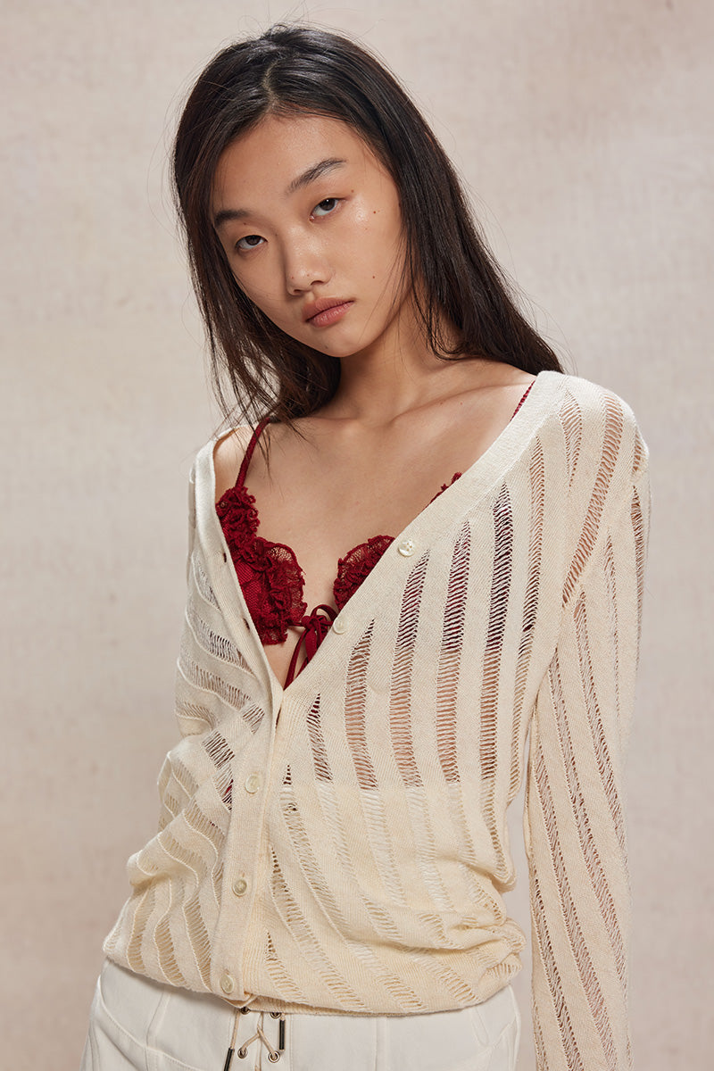 Dotyears24ss Cut-out thin silver thread knitted long-sleeved cardigan