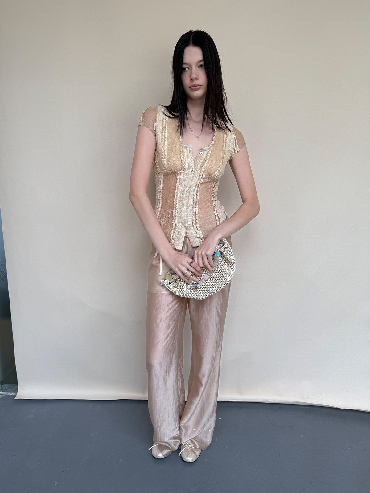 Dotyears champagne gold acetate sheer fabric straight-leg pants