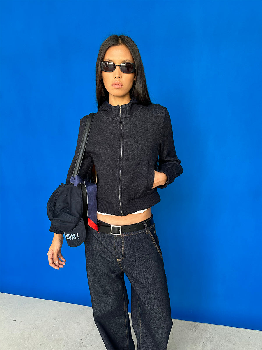 Hughum Navy blue knitted panel threaded sweatshirt jacket