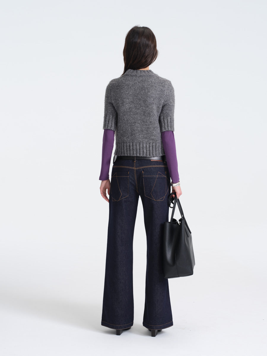 Hughum Gray Chunky Knit Mid-Sleeve Sweater
