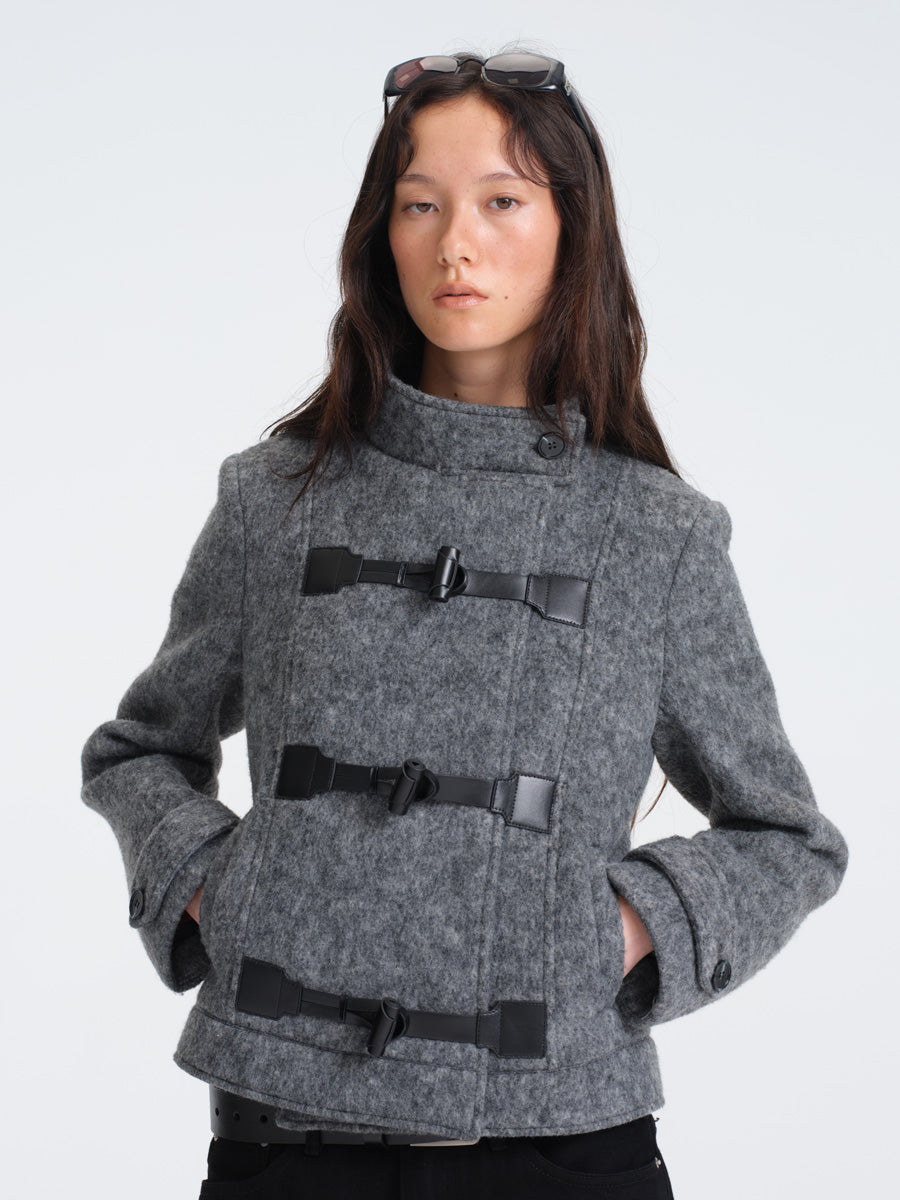 Hughum Gray Wool Coat with Leather Buttons