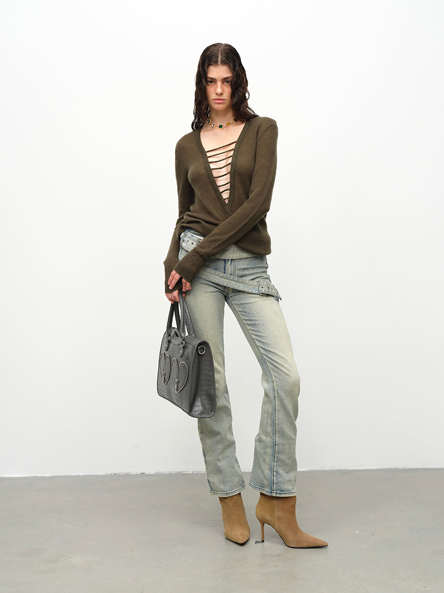 Dotyears24AW Wool hand-drawn knit pullover two-tone sweater