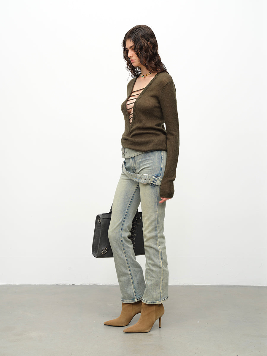 Dotyears24AW Wool hand-drawn knit pullover two-tone sweater