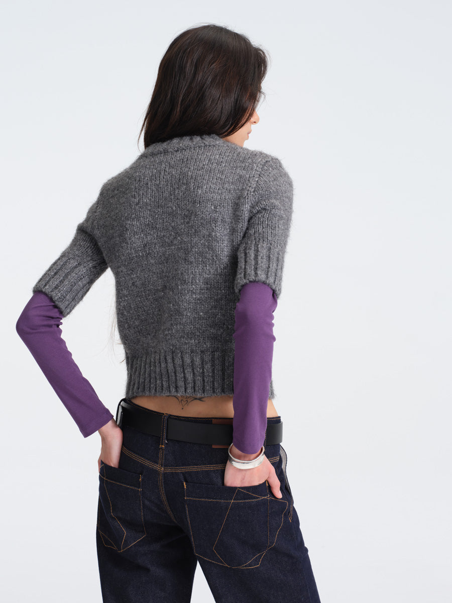 Hughum Gray Chunky Knit Mid-Sleeve Sweater