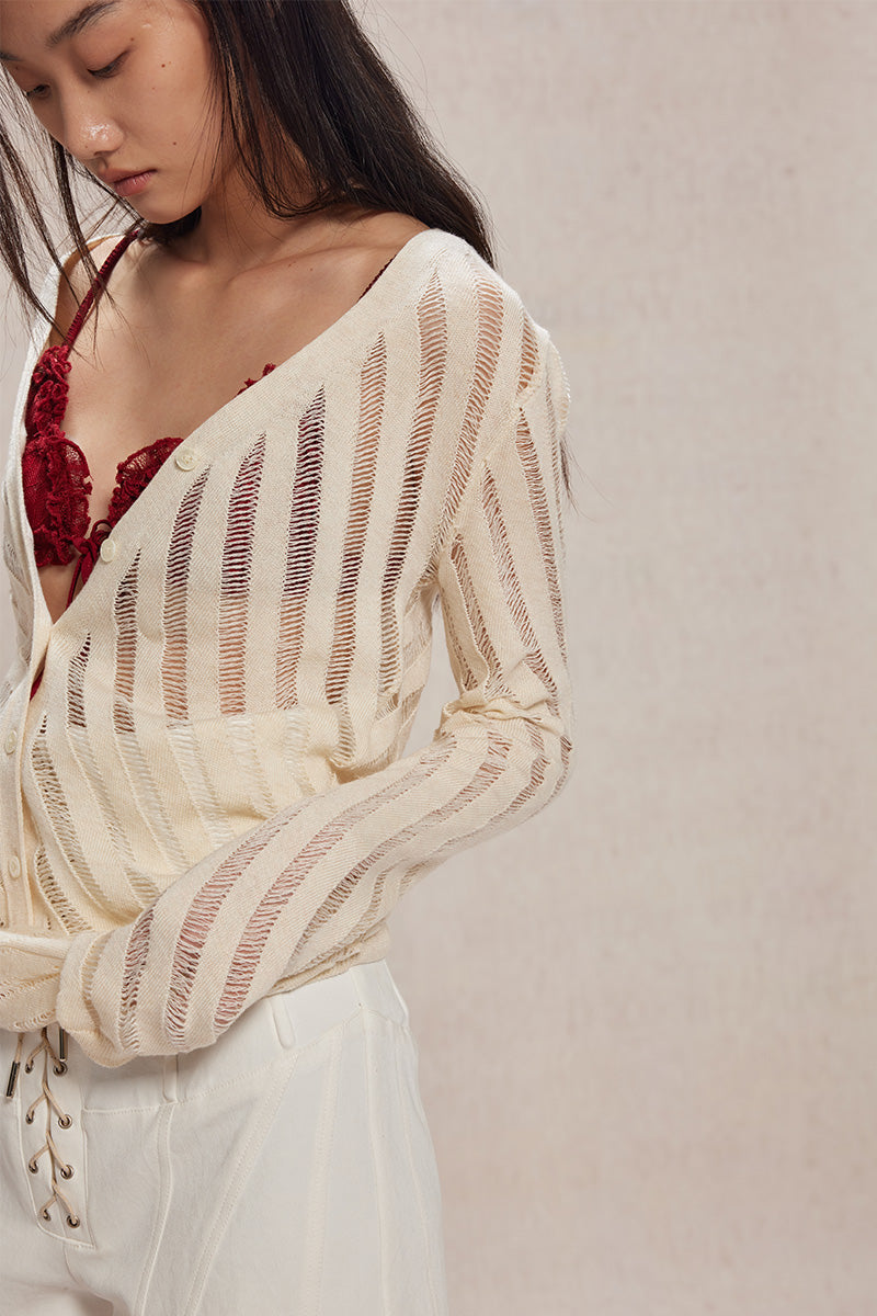 Dotyears24ss Cut-out thin silver thread knitted long-sleeved cardigan