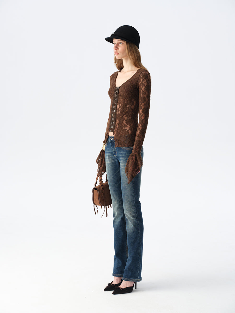 Dotyears Brown Lace-Up Bell Sleeve Cardigan