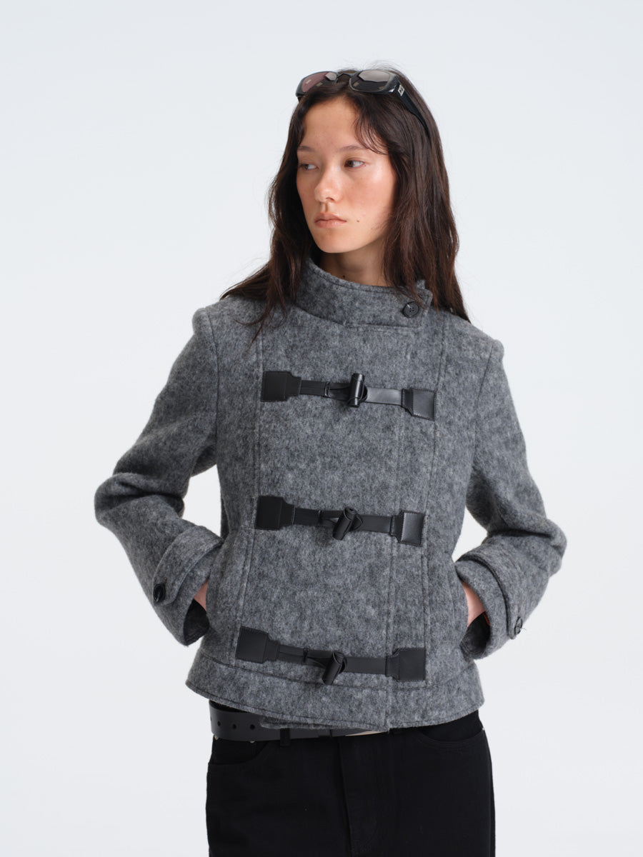 Hughum Gray Wool Coat with Leather Buttons