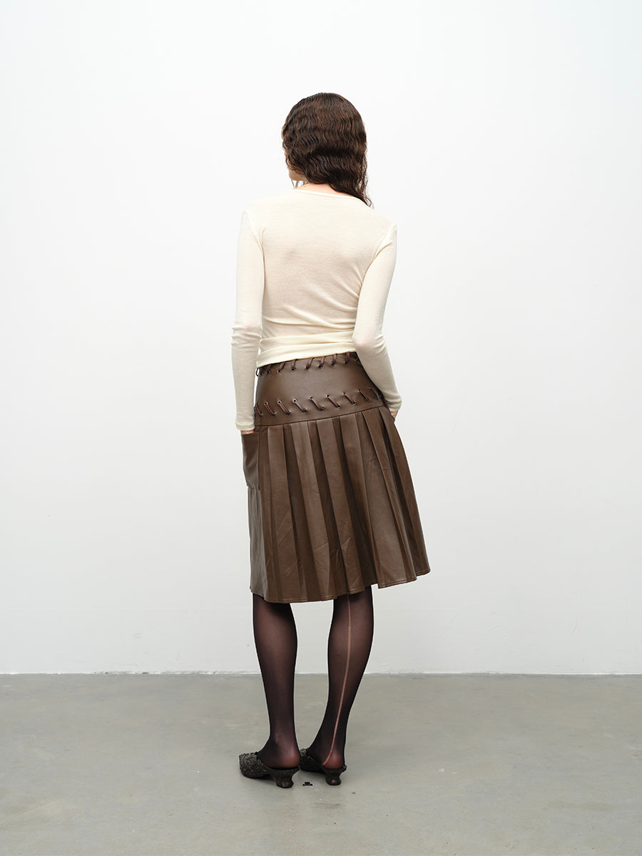 Dotyears24AW Heavy industry machine eye lace brown pleated leather skirt