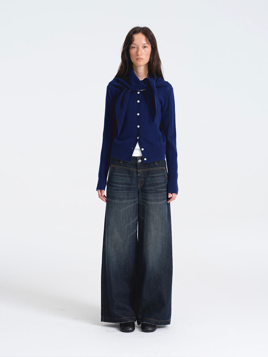 Hughum Navy Blue Openwork Wool Cardigan