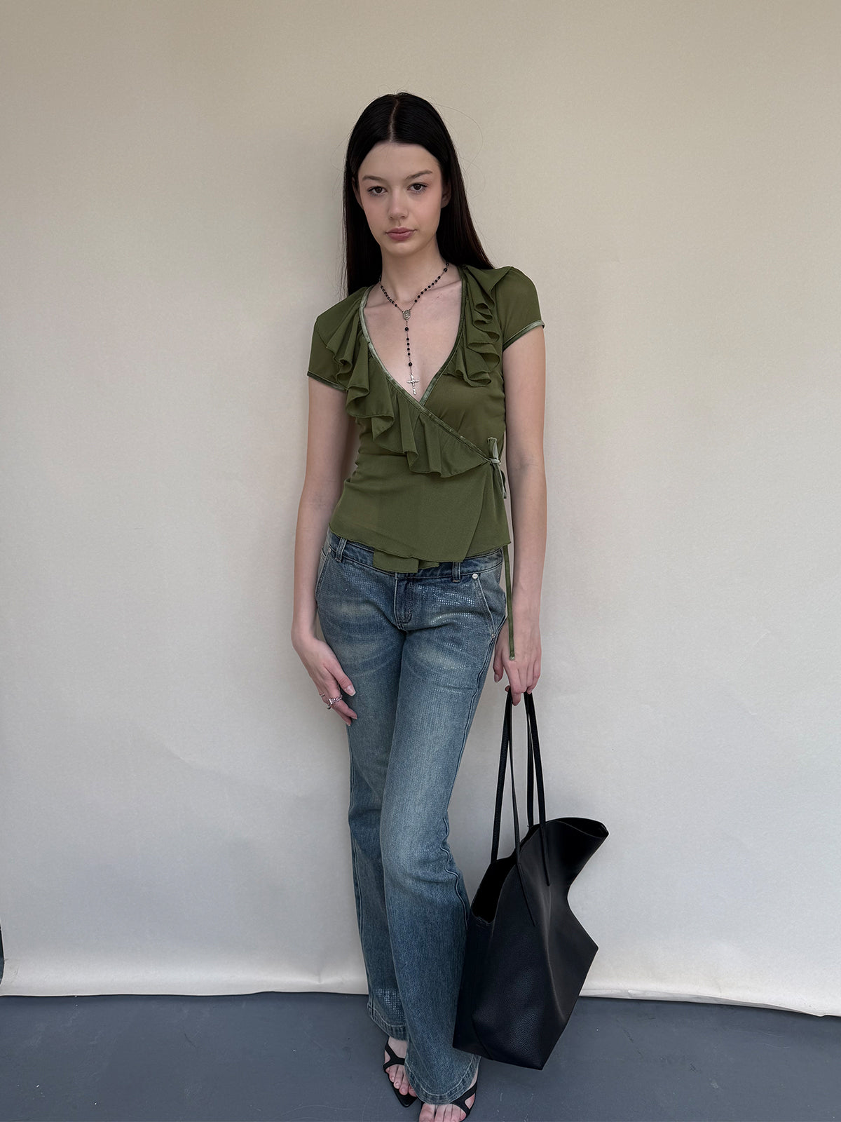 Dotyears Deep V-neck Ruffled Lace-up Acetic Acid Cardigan