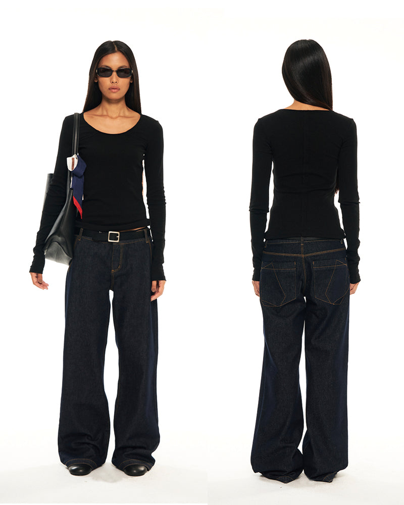 Hughum Dark blue low-rise straight-leg jeans