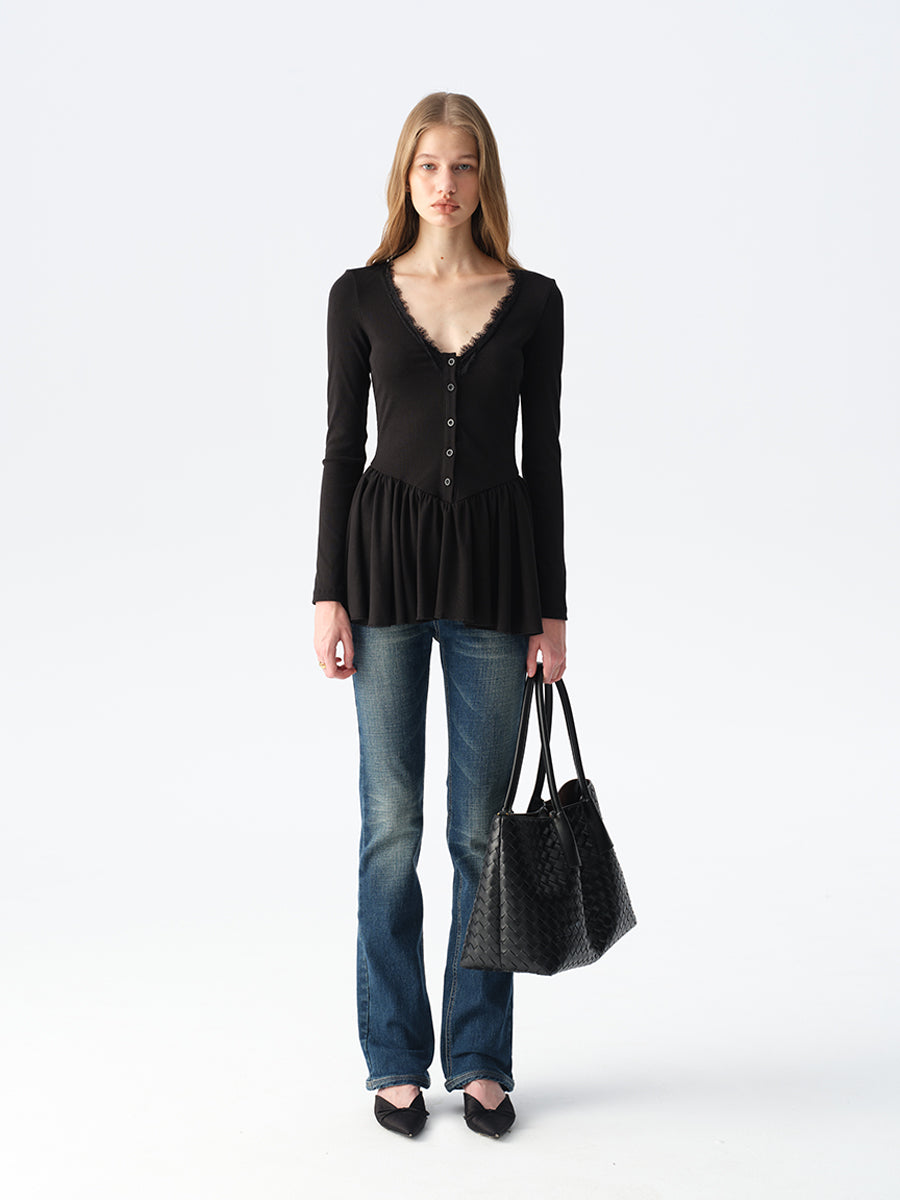 Dotyears Long Black Layering Top with Lace Panels