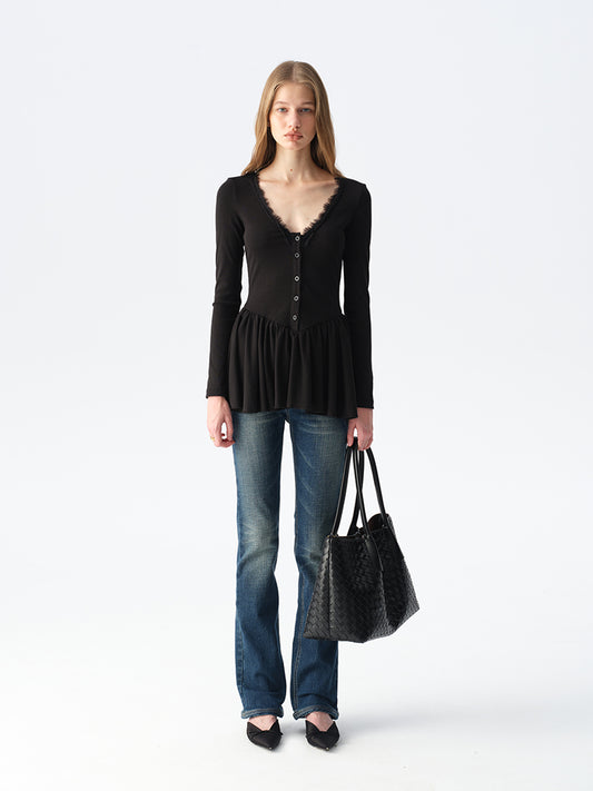 Dotyears Long Black Layering Top with Lace Panels