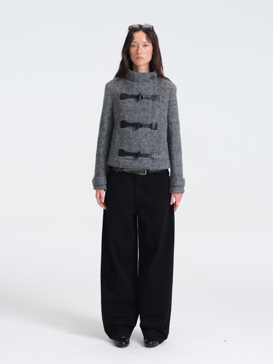 Hughum Gray Wool Coat with Leather Buttons