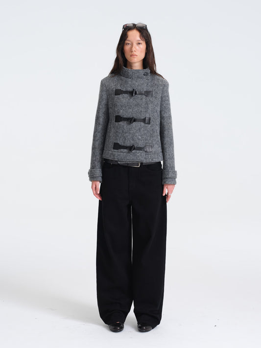 Hughum Gray Wool Coat with Leather Buttons