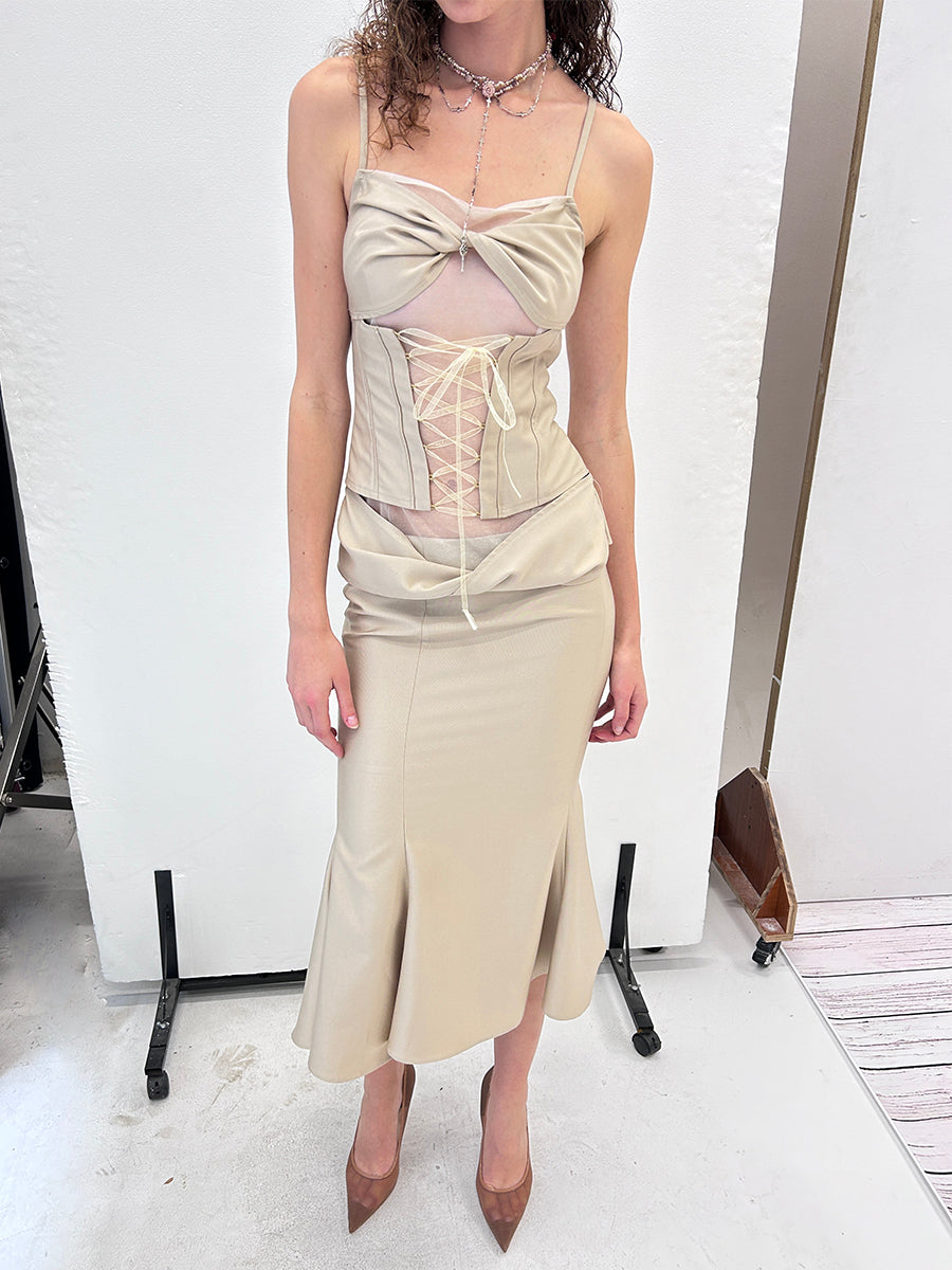 Dotyears24ss Champagne gold-panelled mesh kink set fishtail skirt