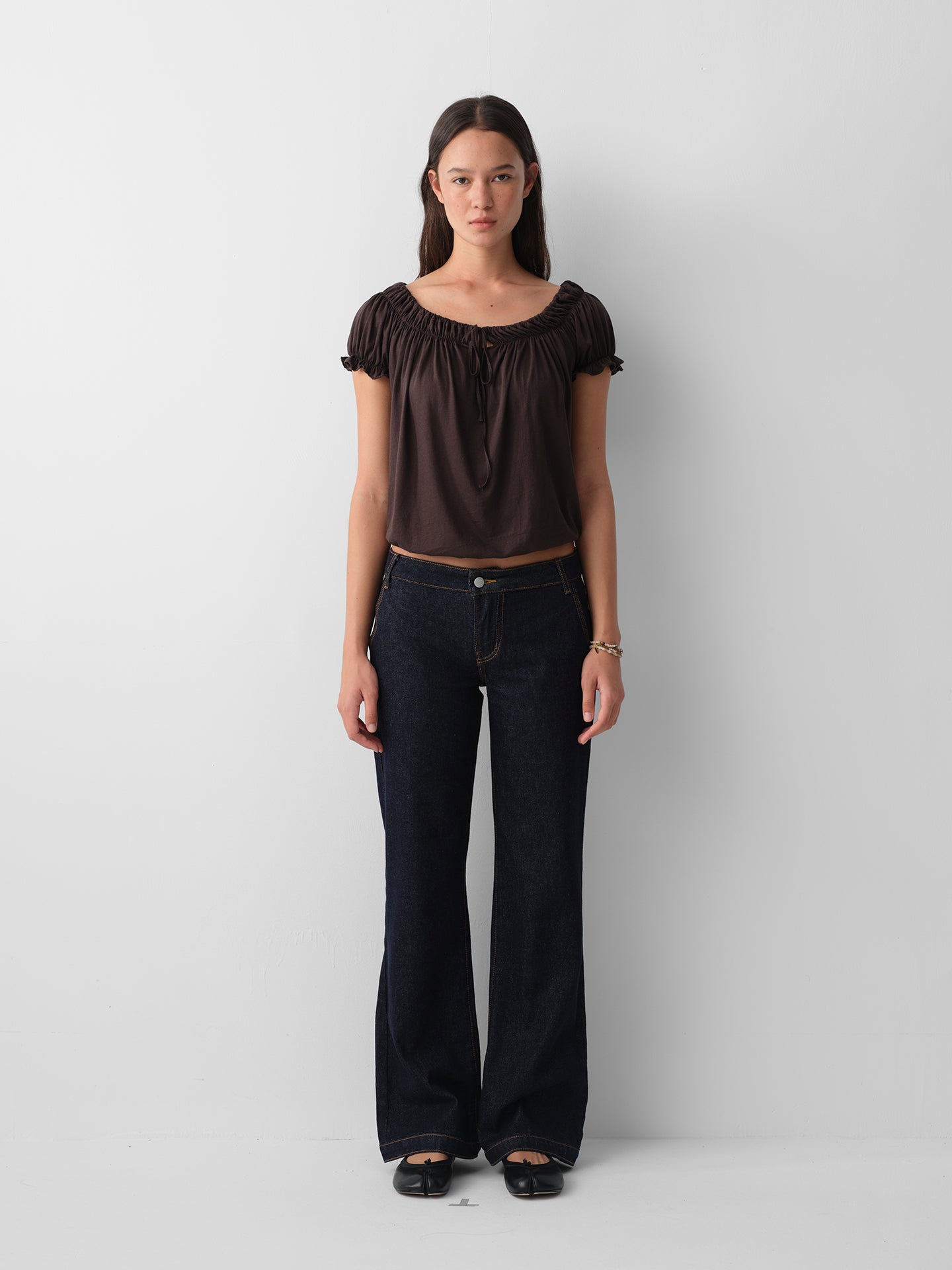Hughum Cotton-Feel Drawstring Tie Short Sleeve Top