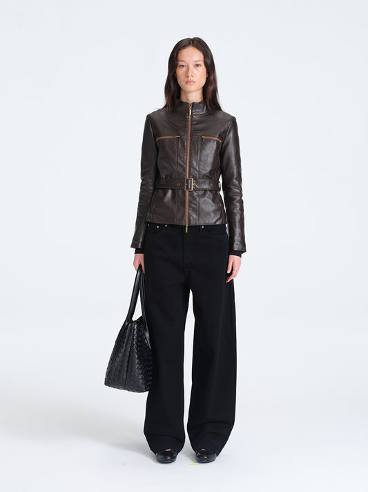 HUGHUM Brown Waisted Leather Jacket
