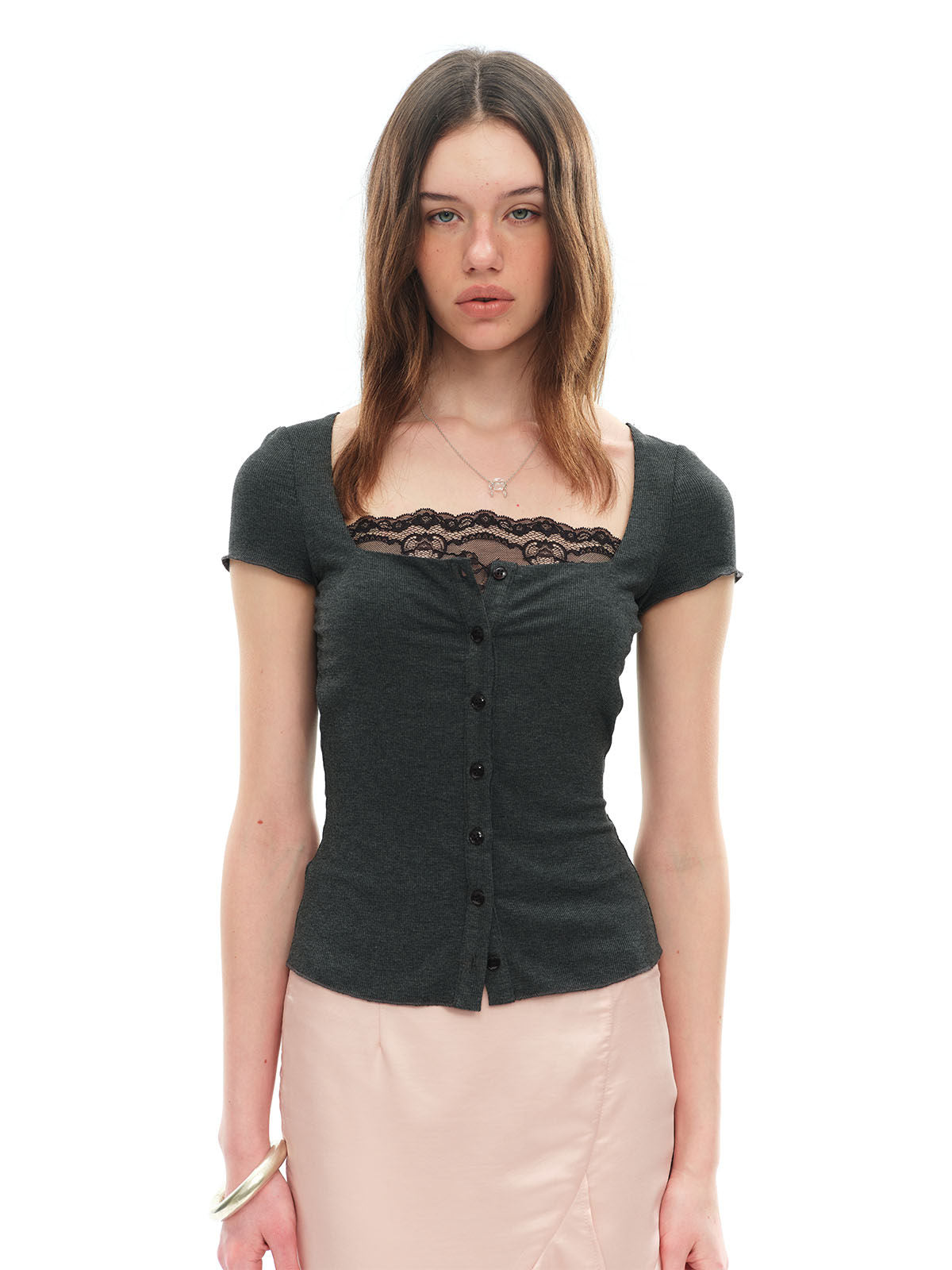 Dotyears Grey Lace Spliced Cardigan Top