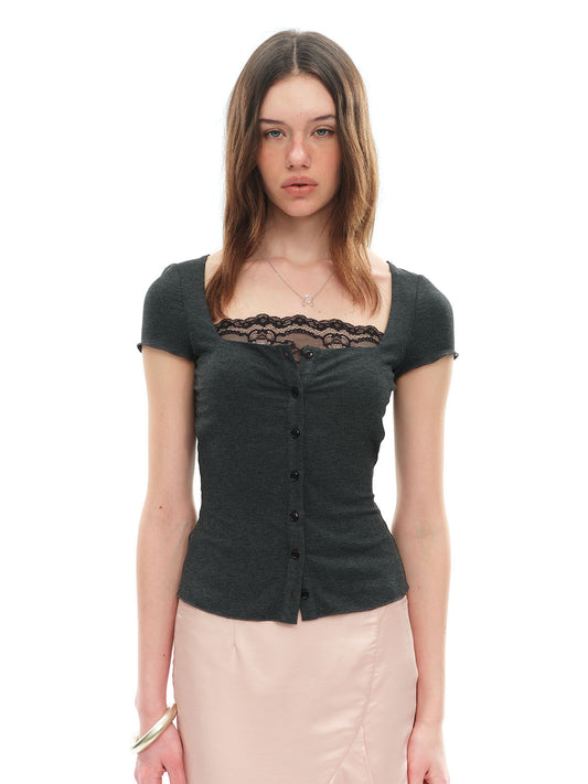 Dotyears Grey Lace Spliced Cardigan Top