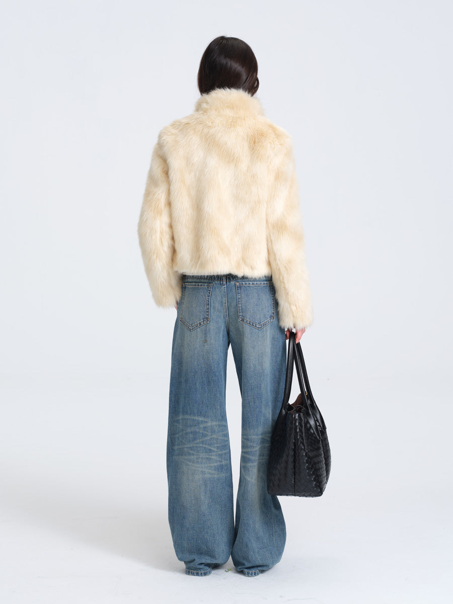 HUGHUM Beige Short Faux Fur Jacket